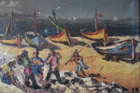 Csar Bustillo, Playa con pescadores, leo. Mide: 50 x 71 cm.