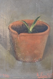 Alejandro Bustillo 'Maceta con planta', leo. Mide: 22,4 x 16,5 cm.