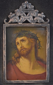 ECCE HOMO, pintura annima italiana al leo sobre tabla. Marco de plata. Mide: 9 x 7 cm.