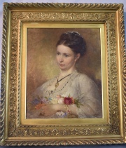 George HICKS. Retrato de Joven con Rosas en sus manos, Oleo. Pequeas saltaduras. Mide: 61 x 51 cm.