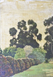 Paisaje Arbolado, leo pequeo, firmado EMB, 1923. Mide: 27 x 21 cm.
