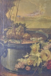 Frutos y Flores, dos leos annimos sobre tela. Peq. saltaduras, Miden: 78 x 60 cm.