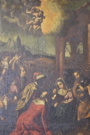 La Adoracin de los Reyes Magos, leo italiano sobre tela, pequeas saltaduras. Mide: 42 x 32 cm.