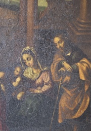 La Adoracin de los Reyes Magos, leo italiano sobre tela, pequeas saltaduras. Mide: 42 x 32 cm.