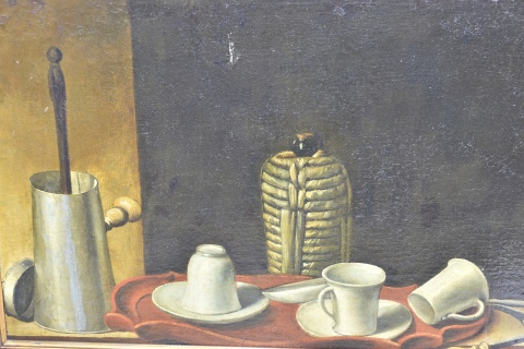 Annimo Bodegn: Naturaleza muerta, con cafetera, leo reentelado de 52 x 173 cm.