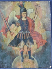 San Miguel Arcangel. Sin marco. leo sobre tabla, desperfectos. 29.5 x 23 cm.
