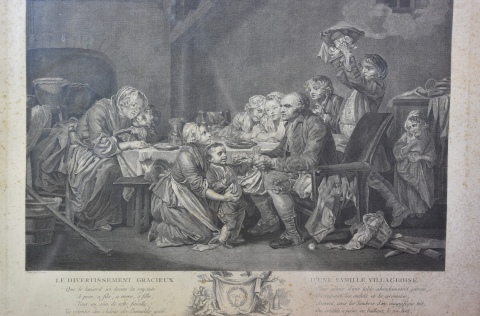 LE DIVERTISSEMENT GRACIEUX D'UNE FAMILLE VILLAGEOISE, grabado francs tomado de una pintura de M. Greuze. Mide: 44 x 48