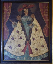 Dos cuadros de Arte Popular. Virgen y Santo, leos. Miden: 42 x 33 y 46 x 39 cm.