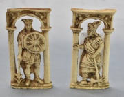 DOS PLACAS, de marfil calado, representando guerreros medioevales. Posiblemente Italia, S.XIX.