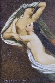Dos miniaturas, A.Mallet Massarra, escenas clásicas. Miden: 7,5 x 9 cm.