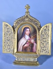 Santa Rita, placa esmaltada, enmarcada bronce. Alto: 11 cm.
