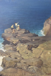 Dario Mecatti. Niños sobre rocas. Oleo. Mide: 96 x 70 cm.